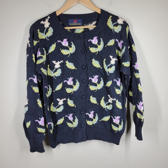 Vintage Handmade Peru Peruvian Floral Button Front Cardigan Knit Medium READ - Picture 1 of 6